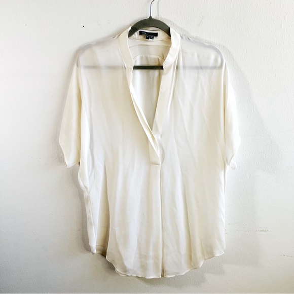 Vince Tops - Vince Blouse White Silk Short Sleeve Split Neck Popover Blouse Sz S GUC